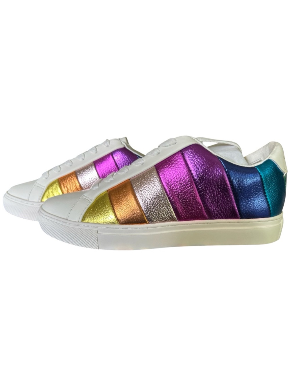 Kurt Geiger London Lane Stripe White Leather Rainbow Metallic Sneakers Size 7.5